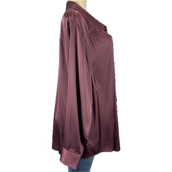 Torrid +4 Brown Satin Button Down Collar Curve Hem Long Sleeve Madison Shirt - Picture 3 of 6